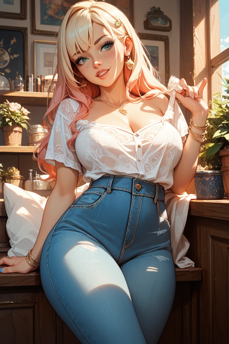 Vintage anime girl sexy bombshell of a women wearing a ultra-tight fuzzy pink long-sleeve v-neck sweater, exposed midriff, and Highrise jeans. Pink Stilleto heels. Large breasts. thin waist, blond hair, large piercing blue eyes. large ass, hyper-detailed, photorealistic, smiling at viewfantasy art style, extremely detailed artgerm, detailed digital anime art, anime fantasy illustration, beautiful character painting, anime in fantasy style, fantasy style art, anime fantasy artwork, artgerm on artstation pixiv, 2. 5 d cgi anime fantasy artwork,