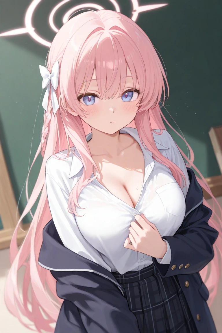 (best quality, masterpiece:1.2), 1girl, (medium breasts:1.4), beautiful eyes, blue eyes, cleavage, scool uniform, mini skirt, thighs, sketch, (simple background:1.2)