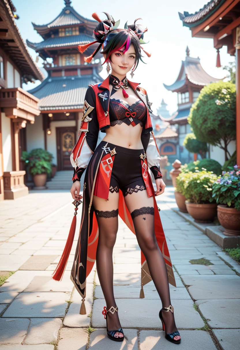 Black short-haired girl with doll head and flat chest,Japanese Ninja,Kimono with short sleeves,Hand guard,thong,Bare Legs,iron boots,Standing,Japanese castle roof