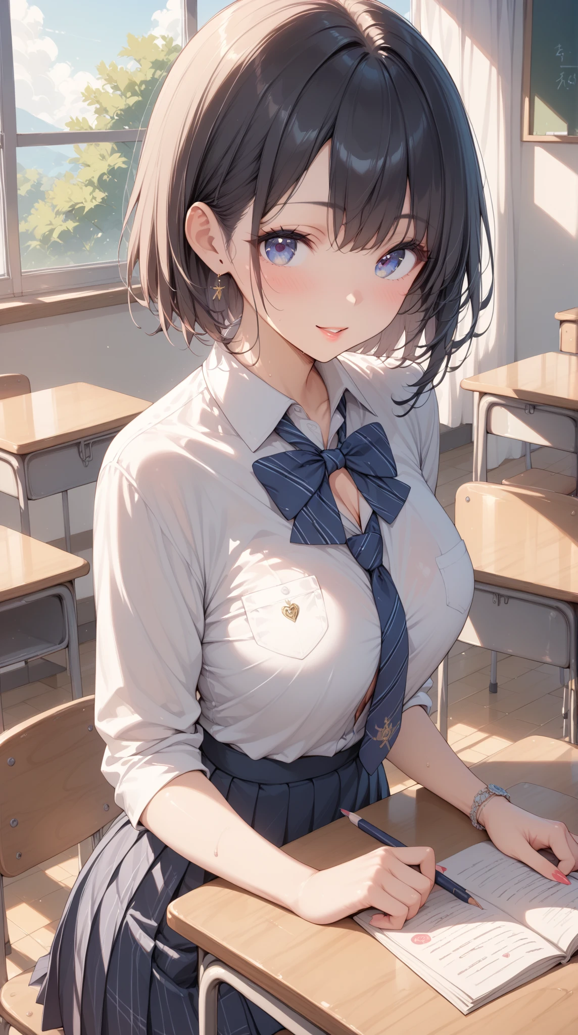 (((masterpiece, Highest quality, High resolution, 超High resolution, Pixel perfect, Written boundary depth, 4K, RTTX10.0))), Beautiful Anime Woman, Beautiful art style, Anime characters, ((Smooth texture, Realistic texture, Anime CG style)), Exact finger count、Exact number of legs、(Exact number of arms:1.0, Exact number of hands:1.0), (Perfect hands, Perfect Anatomy), Cinematic, Realistic, Highly detailed CG, Daytime lighting, Perfect lighting, Best Shadow, The best natural light, whole body, Perfect body, (Slender body:1.2), whole body, ((bangs, Dark brown hair, Stylish and cute bob cut)), ((Cute woman shows off panties in her hands:1.3)), (Fashionable white shirt, Sailor collar, Knee-high socks, loafers, Navy pleated mini skirt:1.3), ((Sexy and cute panties, (Stylish shiny satin pink panties:1.2), Side tie panties, Small lace panties:1):1.3), (Beautiful and very large breasts:1.1), (Beautiful and thin thighs:1.3), Short torso, Feeling embarrassed, (blush:1.2), (Embarrassed expression:1.4), (In the school classroom:1.3), Angle from the front,(((Openwork lace bodysuit for women,Deep V-neck,Open bra,Erotic lingerie,combination,lingerie,))),