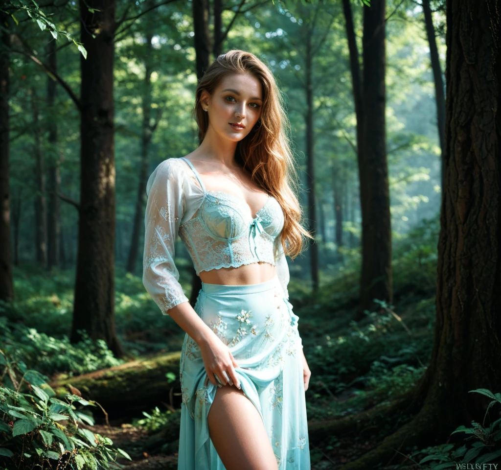 A photorealistic FHD portrait of a 21-year-old french girl like adele Exarchopoulos. She is in a misty, ancient forest at dawn, with shafts of golden light filtering through the trees Long, flowing platinum blonde hair with subtle lavender highlights, styled in loose, messy waves. A delicate, off-shoulder gown made of sheer, iridescent fabric that seems to float around her body. The dress transitions from a pale blue at the top to a deep purple at the hem. The model is perched gracefully on a moss-covered fallen log, her body turned slightly to the side. One hand is lightly touching the bark, while the other is raised, fingers spread, as if she's manipulating the mist around her. Her eyes, an intense ice-blue, are looking directly at the camera with a mysterious, almost otherworldly expression. Slightly low angle, looking up at the model to emphasize her ethereal presence. Soft, diffused light from the misty surroundings, with a subtle rim light from the dawn sun creating a golden halo effect around her silhouette. Delicate, vine-like body art in metallic silver adorns her exposed shoulder and arm, adding to the mystical atmosphere
