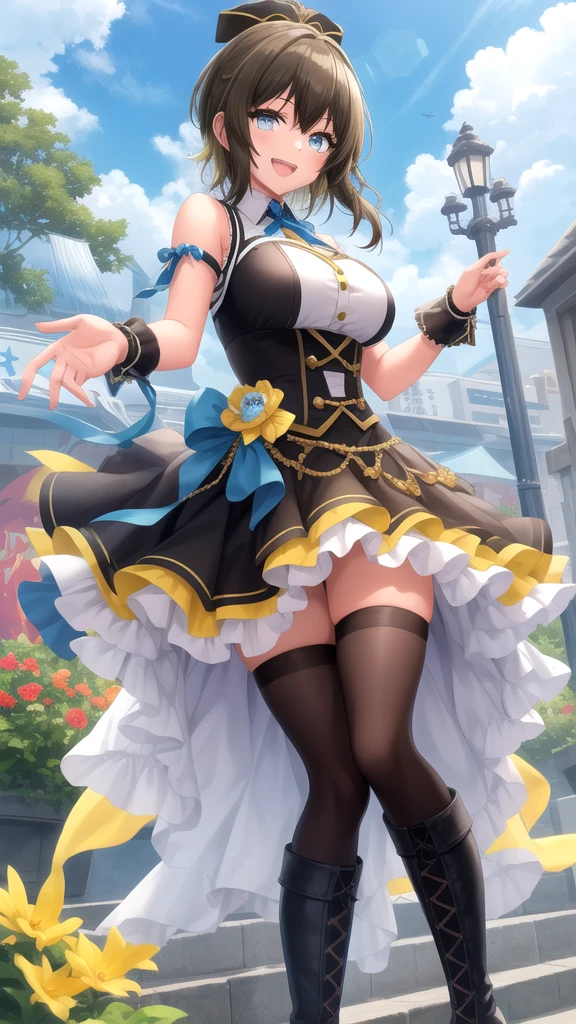 ((((ultra illustrated style:1.0)))),best quality,best animated,masterpiece,ray tracing, global illumination,idol clothes,1girl, solo,outdoor, skirt, bow,sleeveless, frilled skirt, idol, looking at viewer, shirt, hair bow, frills, vest, layered skirt, standing, hair ornament,clover <lora:Kiritani Haruka_01:0.8>