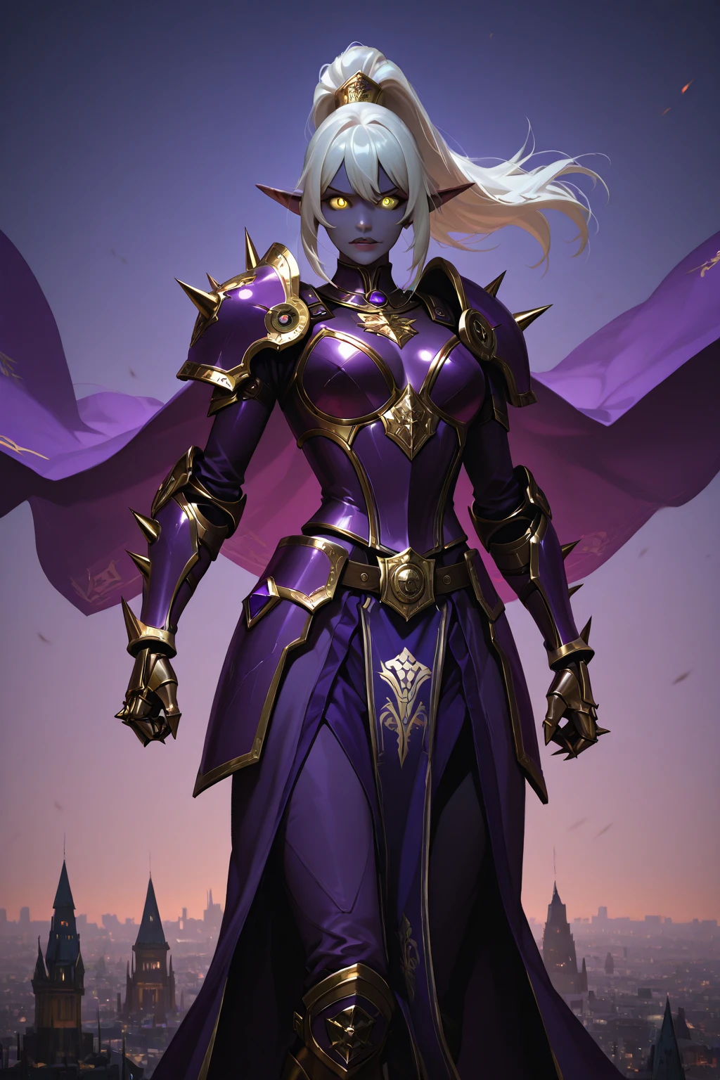 (Triplets) (chest covered) (smile) Gray skin, pale golden hair and violet eyes. They prefer clothing of white and silver with cloaks of deep blue or purple, village background, ((very precise detailed)) ((high res)