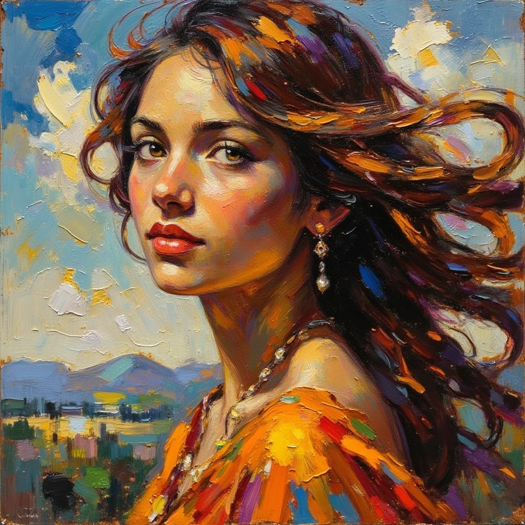 expressived impasto oil painting. Auguste Renoir style, cools colors,  potrait of a beautiful young red indian woman (head to shoulder) with flowing haired,  Heavy chiaroscuro. Golden light reflecting,  Vibrant colour palette with earthy tones. Thick brushstrokes. Masterpiece. High detail. Realistic. Atmospheric, Impressionism, Depth Of Field, Long Hair, Close-Up, looking at sky, sensual pose, sexy glaring eyes, sweet smile,