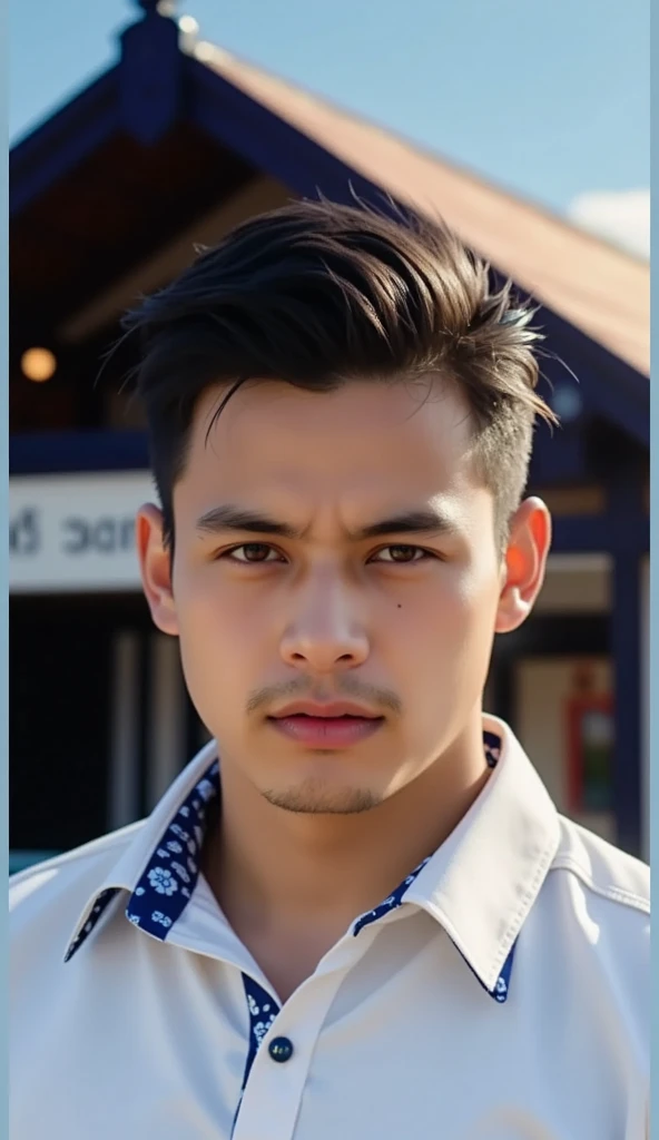 a man, short black hair, black turtleneck t-shirt, blue denim pants, looking at the camera