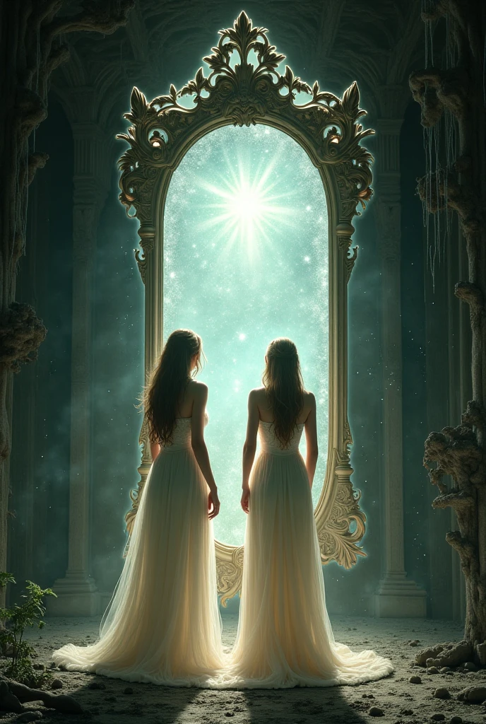 Magic mirror, the image is reversed left and right, the glass in the middle from the left side will be entered by several women, as well as from the right.