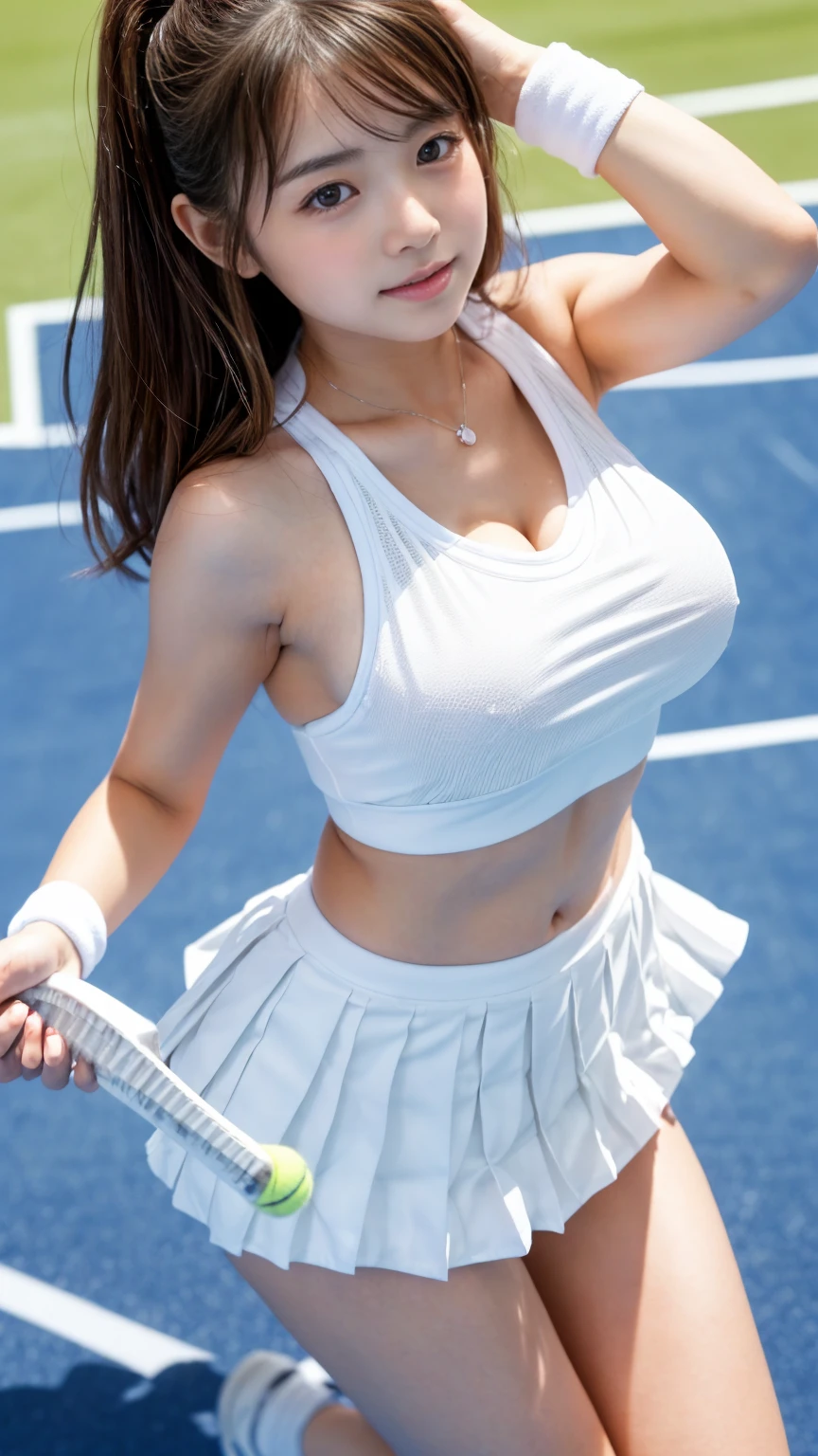 (RAW Photos、Highest quality)、(Realistic、Photorealistic:1.3)、Highest quality、masterpiece、Very delicate and beautiful、A hVery detailed、Hmph、Sense of unity、2k wallpaper、growing up、Beautiful in every detail、masterpiece、light smile、Highest quality、HVery detailed ticker Unity 8K wallpapers、Large file size、super detailed、High resolution、Very detailed、smile:1.2、((Euphoric look:1.5))、((orgasm:1.5))、((sweating:1.4))、((tennis:1.5))、((Voluptuous bust 1.5)),Big Ass、Very cute girl、ager、(((Tight uniform)))、(Her breasts are shaking)、Hair is moving、A large number of people、On stage、Spotlight、Professional Lighting、Cinematic Light、3D、Audience'Perspective、Audienceを正面に見る、(Wet Hair:1.3)5)、Run