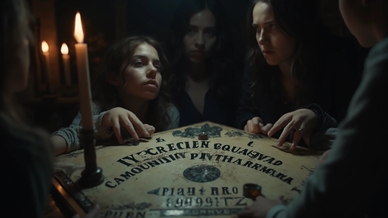 fantasmas gitanos jugando con la ouija , imagen real, full HD , 4k, terror , horror, miedo, tenebroso , Spirits