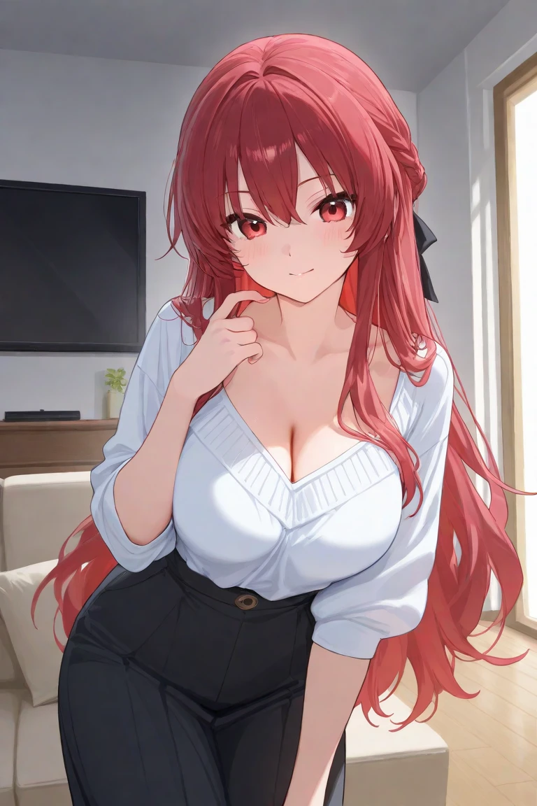 beautiful young woman, anime style, detailed face, red hair, wet hair, large eyes, pink eyes, delicate features, soft lighting, blush, wearing a choker, wearing a casual dress, one-piece dress, sexy, cleavage, barefoot, relaxing on a living room sofa, cozy home interior, soft lighting, evening, relaxed posture, detailed background, just showered, wet hair, illustration, anime art, hand-drawn style, high quality, highly detailed, 8k resolution, cinematic lighting, best quality, vibrant colors