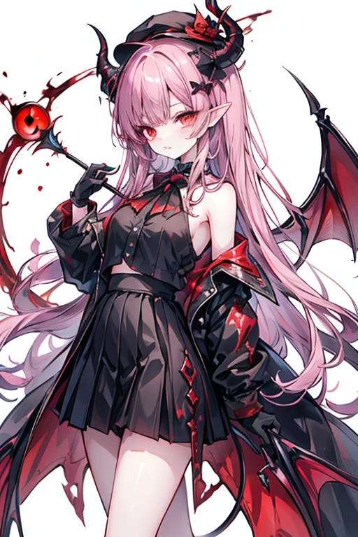 solo, 1girl, blood-stained clothes, red dress, purple eyes, purple hair, bat wings, wings, fangs, tails, demon tail, vampire, looking at viewer, bangs, drill_hair:1:2, twin_drills:1.2, full body, holding, sword, lancer, smug