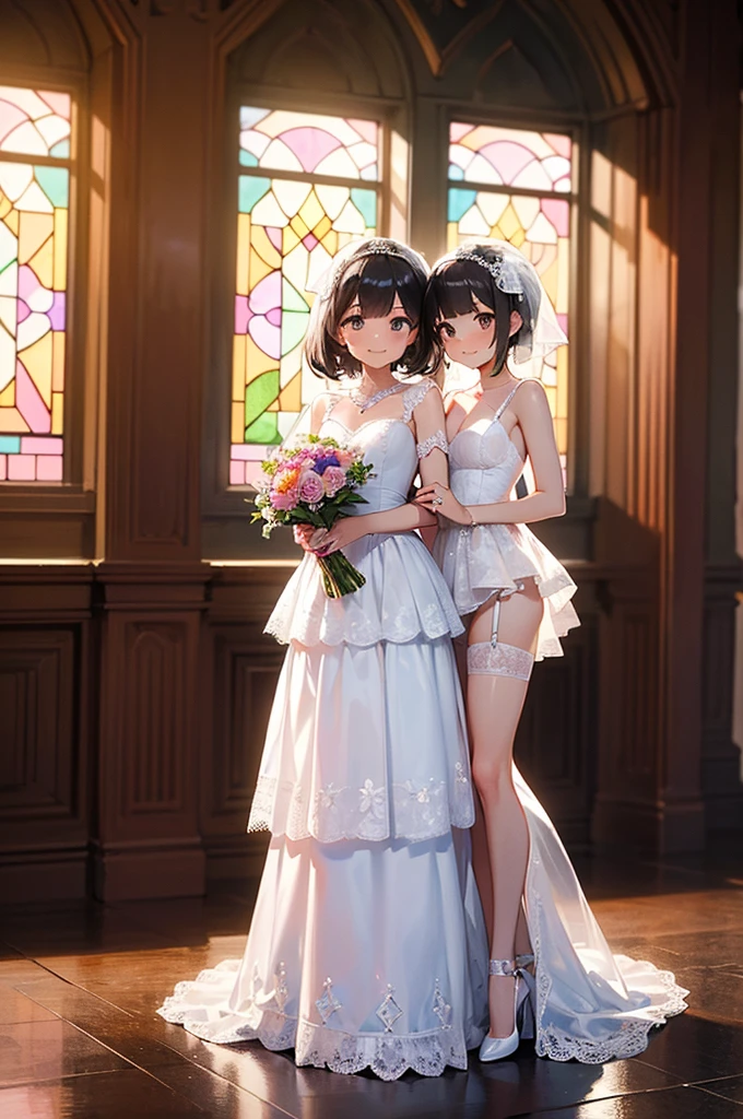 score_9,score_8_up,score_7_up,score_6_up,score_5_up,score_4_up,source_anime,
illyasviel von einzbern,miyu edelfelt,dress,multiple girls,2girls,black hair,gloves,veil,thighhighs,white dress,red eyes,long hair,open mouth,looking at viewer,bare shoulders,wedding dress,smile,blush,lying,hair ornament,white thighhighs,breasts,small breasts,on back,bridal veil,brown eyes,holding hands,hairclip,jewelry,pink gloves,white gloves,earrings,interlocked fingers,tiara,white hair,pillow,twintails,:d,choker,sidelocks,strapless dress,thighs,blonde hair,strapless,