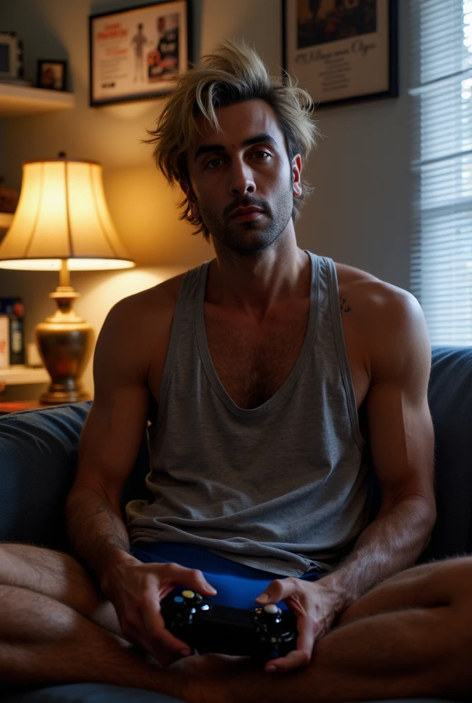 (masterpiece), (top quality), (high quality), (official art), (beautiful), (aesthetic), (extremely detailed), 8k, RAW, bara man, hard nipples, feet focus, lie on back, bed, legs spread apart, white transparent panty, white underwear, panty bulge, bulge, genital bulge, david \(cyberpunk\), sweaty, rim lighting, wet, torn underwear, moviestill, horny, sexy