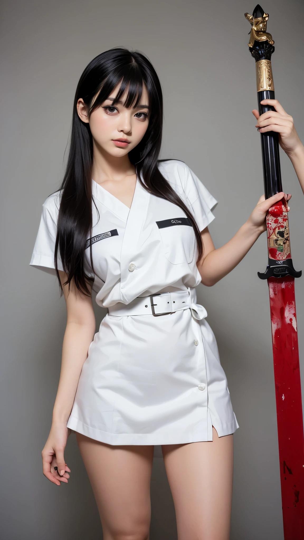 there is a woman in a Nurse uniform holding a knife, Nurse, Giantess Art, Nurse girl, rossdraws Volumetric Lighting, Full length white socks, Huge legs towering over you, Surrealism的女学生, Cute sexy ass, Surrealism , lois van ross works, an alien robot naughty Nurse, Low Angle, high resolution committee