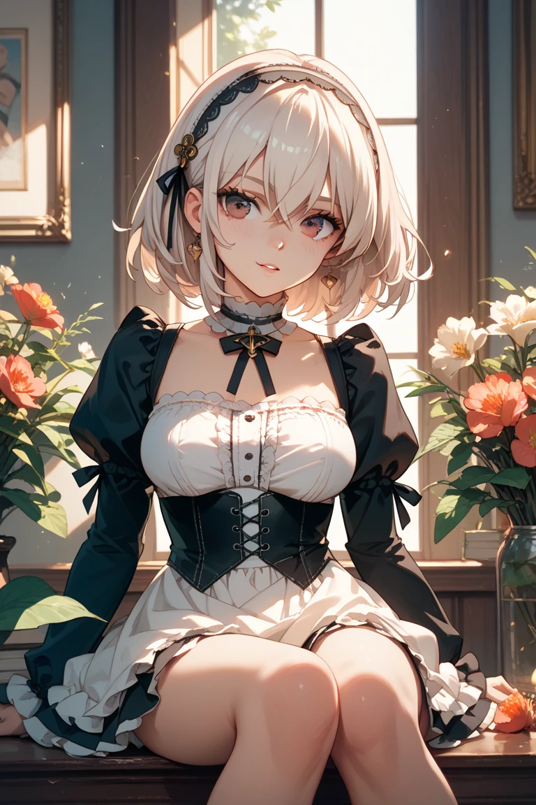 (A masterpiece of image quality in 8K),(from below:1.2),(Beautiful Allafed Woman),(((emphasizing breasts:1.0))),(Dynamic angles),(Dynamic and sexy bending pose:1.3),(sit a chair:1.3),(Short hair in shiny silver and orange inner colors,(perky chest:1.1), (pointed chest:1.3),small full breasts,Disturbance of clothing due to movement,breast slip,(Ponytail twisted buns adorned with elaborate braids and beads,Braided Setup Fishbone Hair,),(see-through bangs),small breasts、(((A white lace apron that shows your bare skin from under your small breasts)))、Blush with embarrassment、Enraptured eyes、A smile that beguiles the viewer、(Look back:1.2)、Look into the photographer,skin glistening with sweat,gazing at viewer,,(Professional Lighting),(8K,masutepiece,top-quality,Ultra-high resolution output image,),(Ultra HD with complex detail image modes),depth of fields,Beautiful hands,Beautiful fingers,Detailed finger features,(Detailed hair features:1.7),detailed facial features,detailed clothes features,
