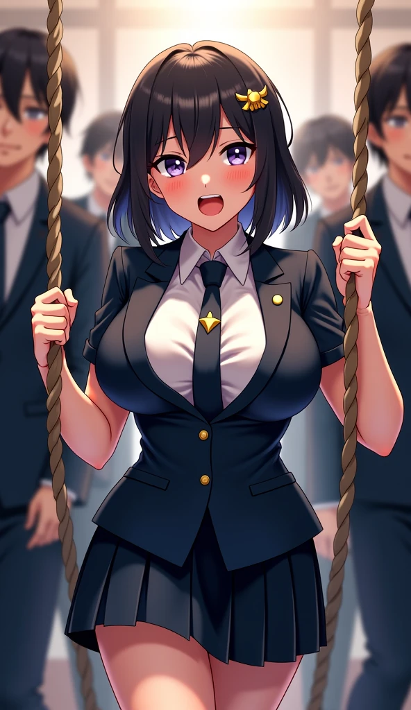 score_9, score_8_up, score_7_up, score_6_up, score_5_up, score_4_up, (masterpiece, best quality), realistic anime art style, (((Fujiko Mine))), shiny skin, 25 yr old female, Dark brown hair, curly hair, (Beautiful attention to detail), black eye, tears, Big Breasts, Vibrator inserted into vagina, ((Completely naked)), (Sweat), rope, Squirting,pubic hair, pussy, ((BDSM)), Hands on your back, One leg is suspended from the ceiling, orgasm, girl trembling with sexual climax, on stage, straight-on, crowd