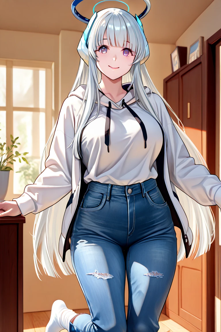 1older sister、Silver straight hair、Red Eyes、17歳のolder sister、Sharp Eyes、White and blue hoodie jumper、Black jeans、Black sneakers、Have acrobatic movements、Under her jersey she wears a white T-shirt that reveals her very large breasts.、ボン・キュッ・ボンの身体突きをしたolder sister、The body is slightly twisted.、Holding his chest up proudly