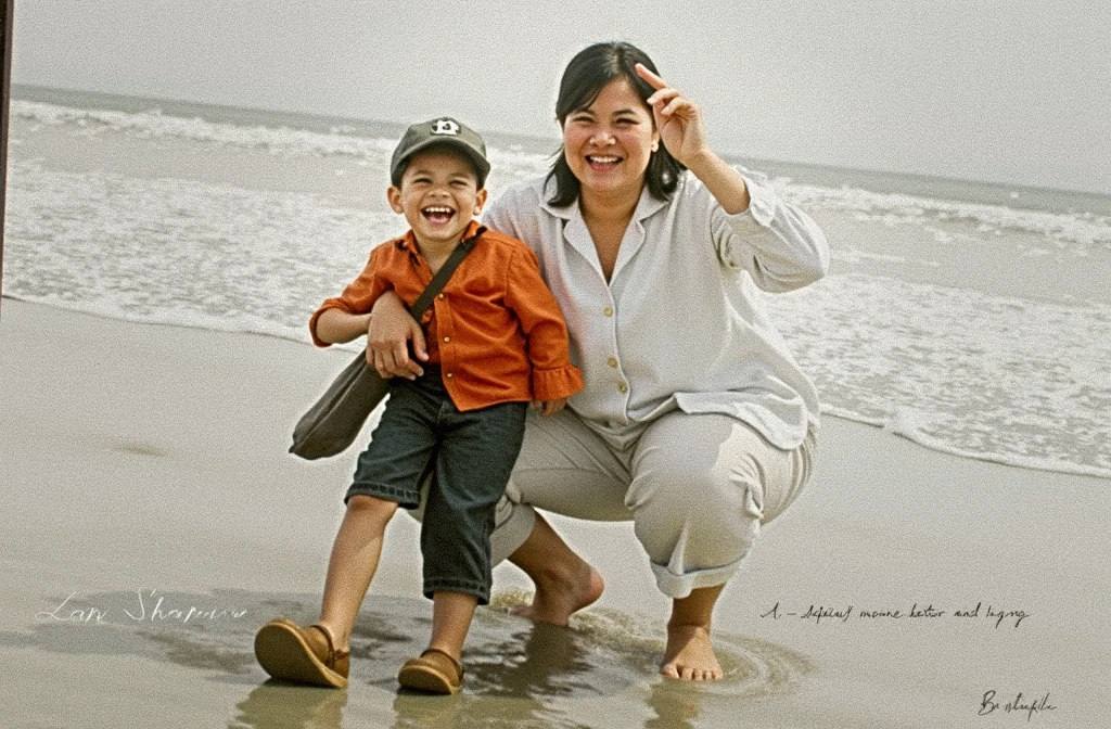 There was a woman and her two children taking pictures at the beach., a paint photo, paint photo, vintage color, an indonesian clan portrait, paint, paint photograph, mother, paint, Profile picture, Portrait, Restored photos, paint background, Near the seashore, barong clan, shopping photos, Restore color, clan, Portrait