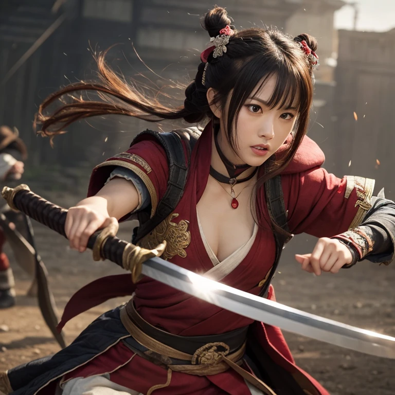 High quality, 8K Ultra HD, (ink and painting), Japan's Sengoku period. The mansion is on fire. A female elf samurai. ((The hairstyle is a short cut hairstyle)). ((In her right hand is a lock of hair)). ((In her left hand she holds a sword)). She looks angry.