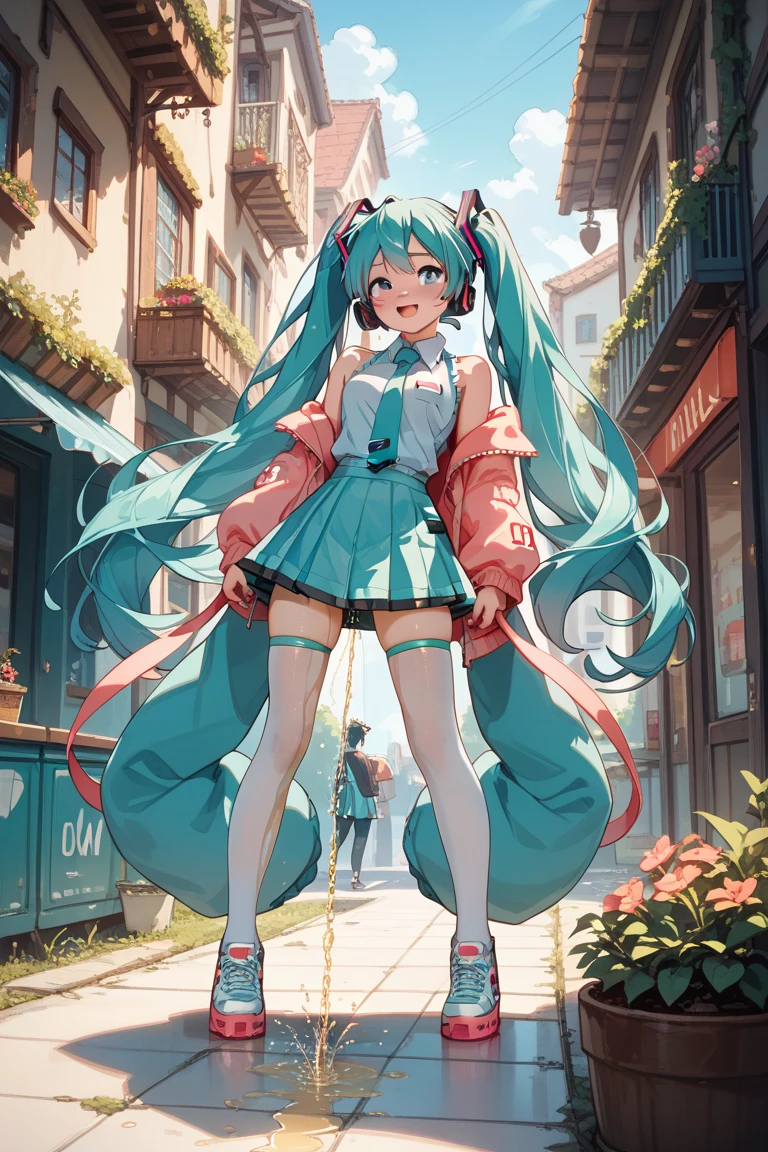 best quality, ultra detailed, beautiful face, perfect anatomy, 1girl, solo, mememe, long hair, aqua hair, blunt bangs, pink eyes, short pink dress, purple sleeves, purple tights, black panties, full body, walking in public , smiling