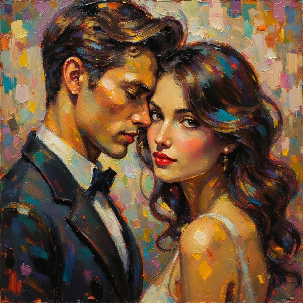 expressived impasto oil painting. Auguste Renoir style, cools colors,  potrait of a loving couple, man with elegan short hair, woman with flowing long haired,  Heavy chiaroscuro. Golden light reflecting,  Vibrant colour palette with earthy tones. Thick brushstrokes. Masterpiece. High detail. Realistic. Atmospheric, Impressionism, Depth Of Field, Long Hair, Close-Up, hugging , sensual pose, sexy glaring eyes, sweet smile,