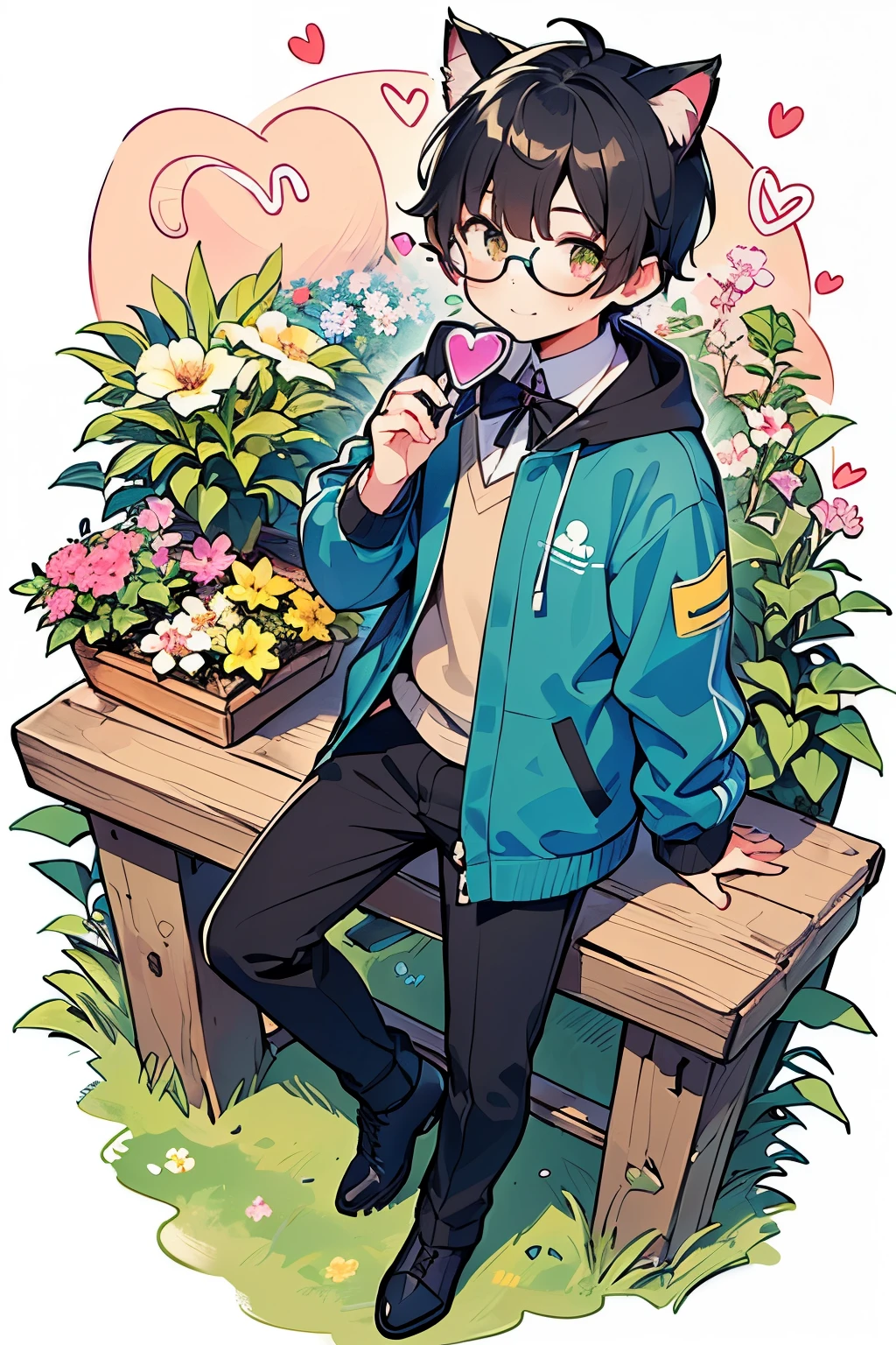 ((boy:1.3)),((handsome:1.3)),((solo:1.3)),((black hair:1.25)),((short hair:1.25)),(light steps:1.0),(long sleeve cat ears:1.1),(long sleeve spring jacket:1.1),//,((flower garden and heart pattern background:1.1)),((spiral glasses in hand:1.2)),(look closely at the viewer:1.0),( open your mouth:1.0),smile,(seen from above:1.0),((platform boots:1.0)),((ribbon body wrap:1.0),((Cat's tail:1.2)),(close-up face:1.15),((holding coffee:1.25)),
