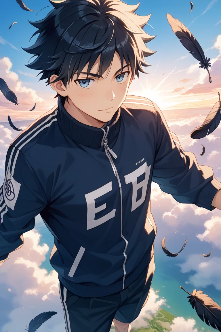 clear blue sky、Blue dragon flying in the sky、male、20-year-old、Black Hair、5-people、smile、Full of hope、アニメのmale、Kakoi、髪型がみんな違う5-people、White collared shirt、Lively、Highest quality、Masterpiece、bright、laughing、Serious face、