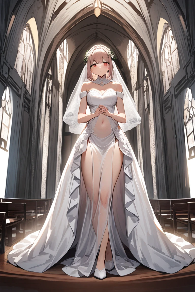 best quality,((((1girl)))),flat chest,((((:1.3)))))),curvy,((orgasm,blush:1.1)),sweat,blonde hair,((wedding dress:1.1)),mini skirt,church,lift skirt,upskirt,lace panties,white panties,white kneehighs,sakurai momoka