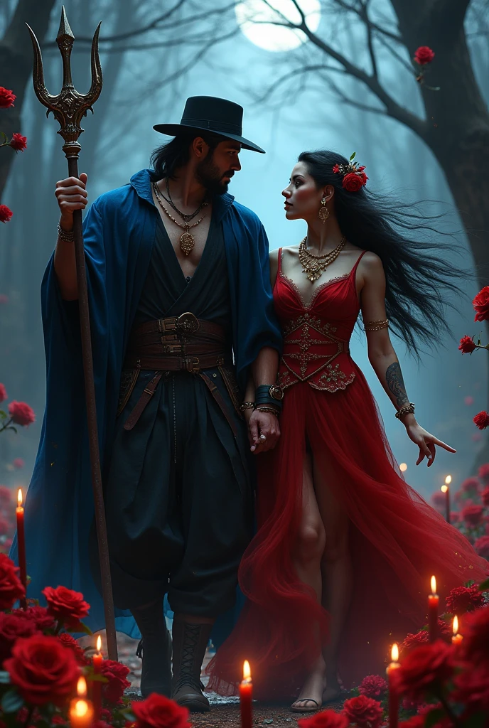 (work of art:1.2), absurderes, A photorealistic photo of the gypsy from the east, skin tanned,  your body is dancing, with gypsy clothes in red colors, green and yellow, another earring with red hair, shiny brown eyes,  with the tambourine in one hand and a golden gypsy tiara on her forehead and behind her the Exú Tranca Ruas, que é uma homem blacksad alto, with a toned body, blacksad, in black formal attire, with a black top hat, a black cape on the outside and red on the inside and in his left hand a black trident the size of him
