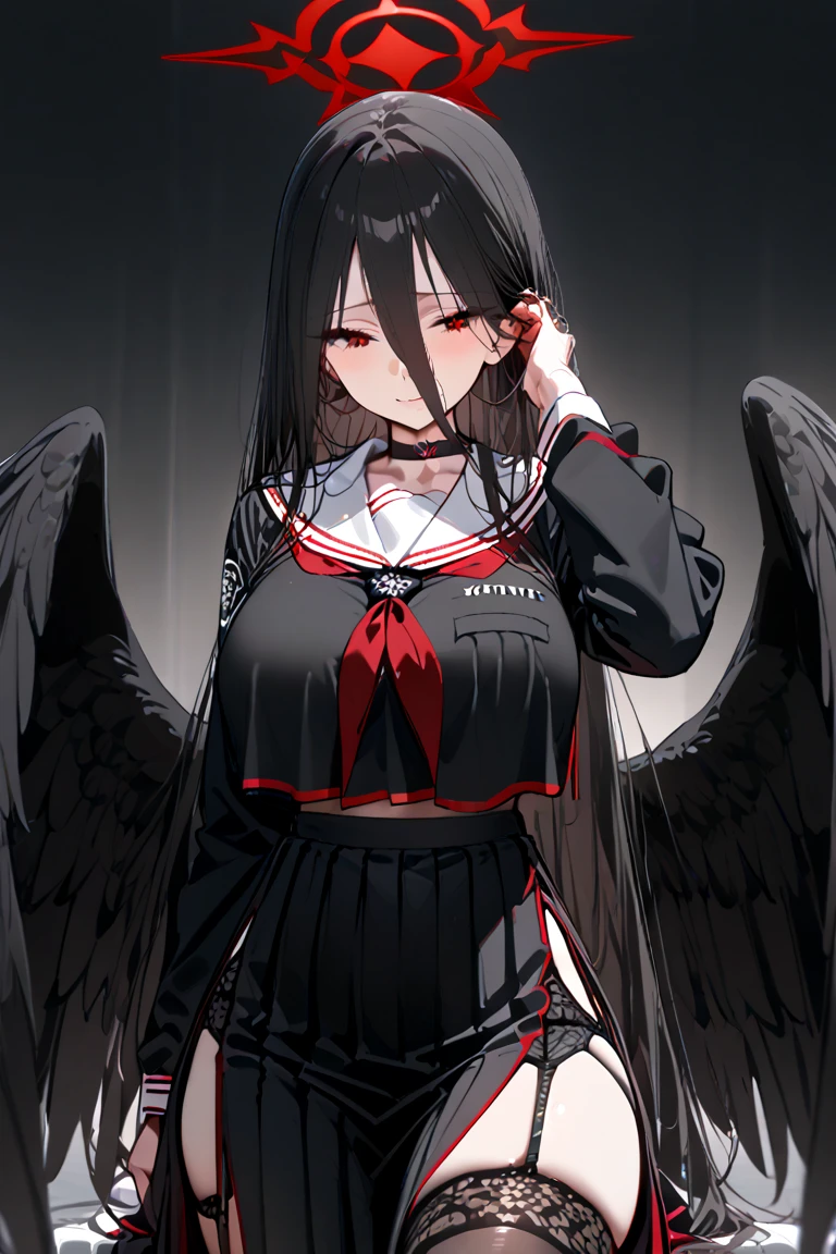 bluearchivehasumi, <lora:hasumi-lora-nochekaiser:1>,
hasumi, black hair, hair between eyes, long hair, mole, mole on breast, mole under eye, (red eyes:1.5), wings, black wings, low wings, feathered wings, (large breast:1.2),
BREAK black choker, black serafuku, black skirt, black thighhighs, garter straps, long sleeves, pleated skirt, school uniform, serafuku, side slit, skirt, thighhighs, white collar, whie sailor collar,
BREAK looking at viewer,
BREAK indoors, classroom,
BREAK <lyco:GoodHands-beta2:1>, (masterpiece:1.2), best quality, high resolution, unity 8k wallpaper, (illustration:0.8), (beautiful detailed eyes:1.6), extremely detailed face, perfect lighting, extremely detailed CG, (perfect hands, perfect anatomy),
