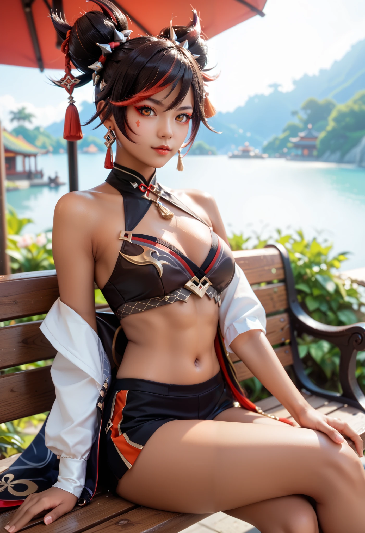 ((Biologically correct limb count))、((Natural finger shape))、((Full Body Shot, Including face))、Standing position、4K、masterpiece、((Focus on the face))、((Symmetrical facial features))、Eye for detailed depiction、Beautiful woman、Excellent style、Beautiful clavicle、Beautiful feet、(Small Ass、Thin thighs）、(Black Stockings、High heels）、Facial detailing、Small earrings、necklace、Low angle photo、((Red bra and pants、Skirt and panty shots)）、Park scenery on a holiday morning、Strong sunlight、(((A facial expression of pleasure)))、(((Lean your body back and sit on the ground)))、（(Hands lifting from under your chest)）、(Face the camera)、Photograph the side of the body