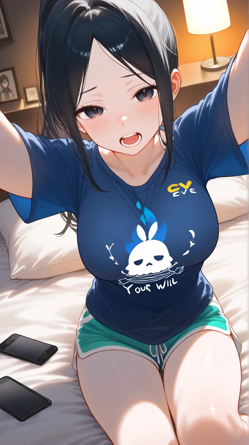 (masterpiece, best quality), <lora:kashino_yz_v1:1.0>, <lora:GameController092602:1.0>, <lora:Smug:1.0>, upper body, looking at viewer, 1girl, kashino, hair_flower_yz, half-closed eyes, purple eyes, smug, :3, open mouth, huge breasts, t-shirt, black shirt, game controller print, hand on own hip, arm at side, white background