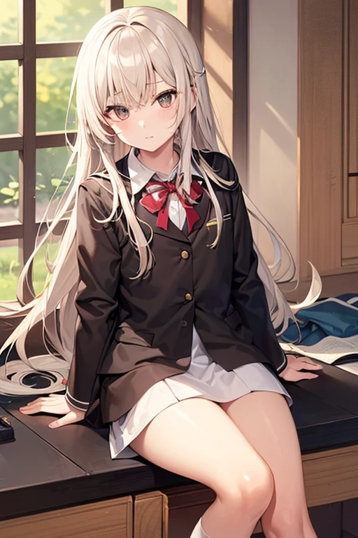 Shiny silvery brown hair，double braid，Stunning pupils，petite，petite的可爱小甜妹，The breasts are plump and soft，White Jk school uniform soft and waxy texture，Decorated with green lace，wearing a tie，The body smells soft and glows with fluorescence，Super cute