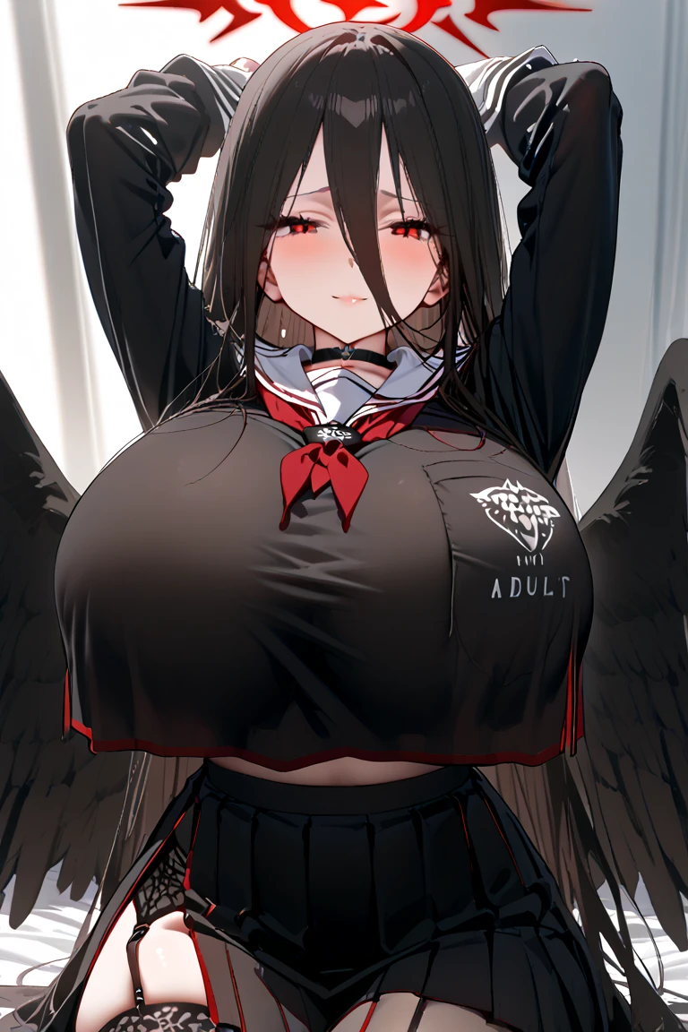 score_9, score_8_up, score_7_up, source_anime, expressive, anime, cartoon, speedlines, dynamic, hearts, 1girl, wide hips, makeup, , nude,naked skindentation, , sweat, prison, smug, , long hair, Tsurugi (black hair, hime cut, antenna hair, long hair, halo, bloody halo, red eyes, eyeshadow, black wings, low wings, wings from lower back, thorny wings, featherless wings, neck tattoo,), , mugshot style, crazy love, embarrassed, blush, nose blush, arm bra, covering pussy, hand on crotch