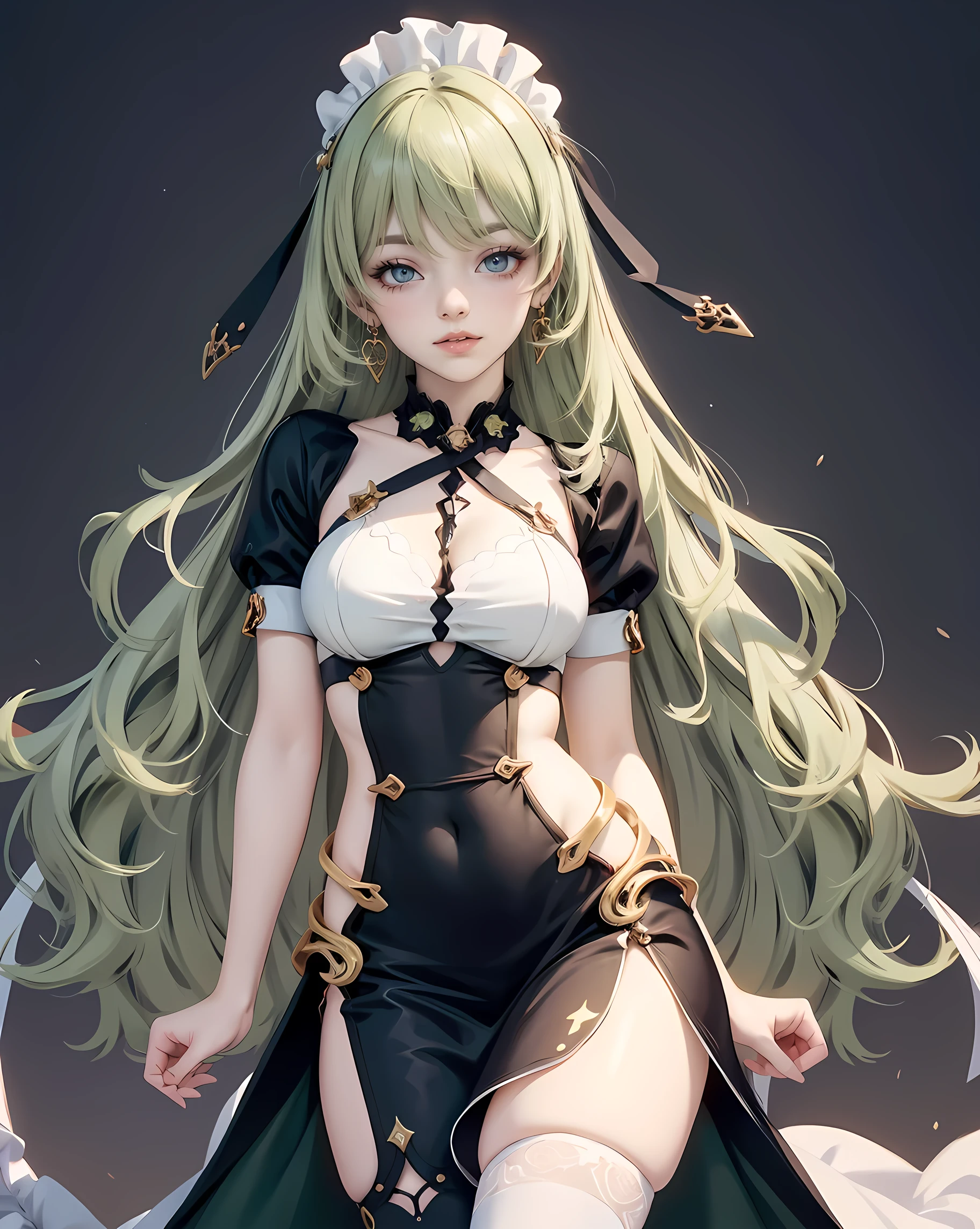 1girl, green hair, harness, white cropped, black skirt, chinese maid design, solo, ponytail, stomach, symmetrical gloves, high socks, flare socks, harness, chinese maid dress, v neckline, garter on the legs, stand up, white apron, maid dress, chinese maid, chinese aesthetic, thigh gap, harness, very long hair, solid background, chinese maid uniform, cowboy shot, too many frills in her dress, magical girl, perfect anatomy, gold jewelry, harness, jewelry, Cute pose, magical girl, tassel, glow eyes, long hair with long waves hair and bangs, high thigh, frills, harness, chinese maid uniform, chinese maid dress, white apron, garter on the legs, gold jewelry, solid background, stand up, blushing, maid headdress, chinese maid dress with too many frills, Chinese aesthetic, flare skirt, harness, centered girls, cowboy shot, glowing hair, magical girl, more details on her clothes, golden details on her dress, harness, Magical girl, more details on her clothes,