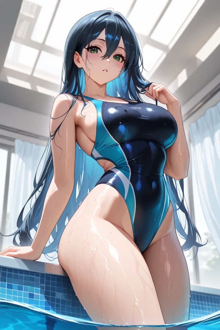 彼女はPeeをしている、8k、、Highest quality、Tabletop、Ultra HD、Ultra-detailed、so beautiful、Ultra-detailed髪質、so beautiful、Portrait、Esbian all over、Captivating look、Beautiful woman、Long Blue Hair、blue eyes、Glowing Skin、bursting breasts、Very large breasts、Very big ass、Water droplets running down the skin、The background is a great night pool、Excessive pubic hair growth、Shiny racing swimsuit、Pee、Peeing、Squirting from the private parts、Posing to excite men