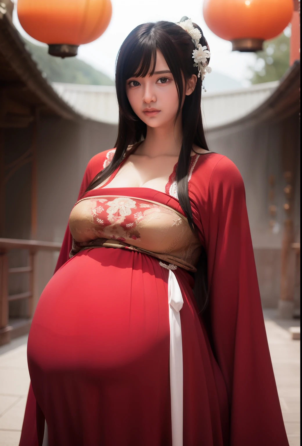 Pregnant woman in oriental dress sitting at a table, Pregnant belly, on cheongsam, pregnant,Have huge breasts, Detailed fanart, she has a jiggly fat round belly, her belly is fat and round, Marin Kitagawa fanart , A girl in Hanfu