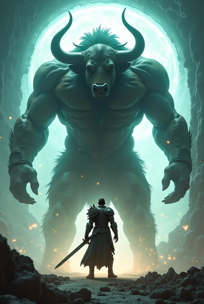 Creates a large creature half boar and half human standing on two legs, which has large horns and two large swords in its two hands, He has a large muscle mass and is of great size as he roars in anger, A man with average muscle mass is prepared to kill him, has black armor, a big sword and short anime style hair