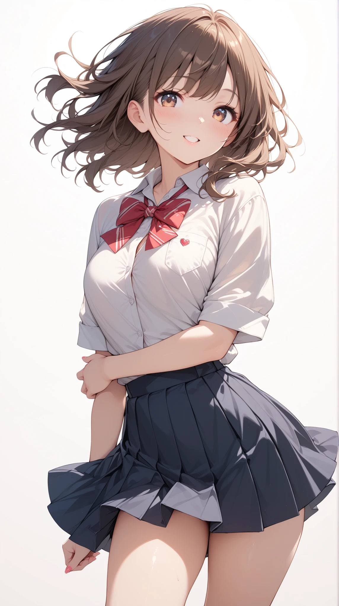 ((最好的quality)),(Ultra-high resolution),(Very detailed),(Detailed description),((Best CG)),(masterpiece),Highly detailed art,Amazing Art,(Contemporary art with precise details:1.5),Character Design Sheet, , character reference sheet, character turn around,masterpiece，quality，Best quality，1 Girl, suspicious expression,(Top-Heavy:1.2),(Huge breasts:1.1), (Top-Heavy:1.0),(bottom heavy:1.1),  Joyful victory jump pose, (From the front:1.1),Pretty Face, The gaze, Glowing skin, blush, Eyeliner, Eyeshadow, eyelash, Looking at the audience, Island Background , Brown eyes,(  Medium Aqua Braided Bun Hairstyle),light, Sunlight, volume,  Beautiful hands, Perfect hands, Absolutely great opportunity, role play_Bible Black_Uniforms_My own husband, Pleated Skirt, Long sleeve, tie, mini skirt, High Leg Raise, red tie, Vest, Sling wow，Garter stockings
