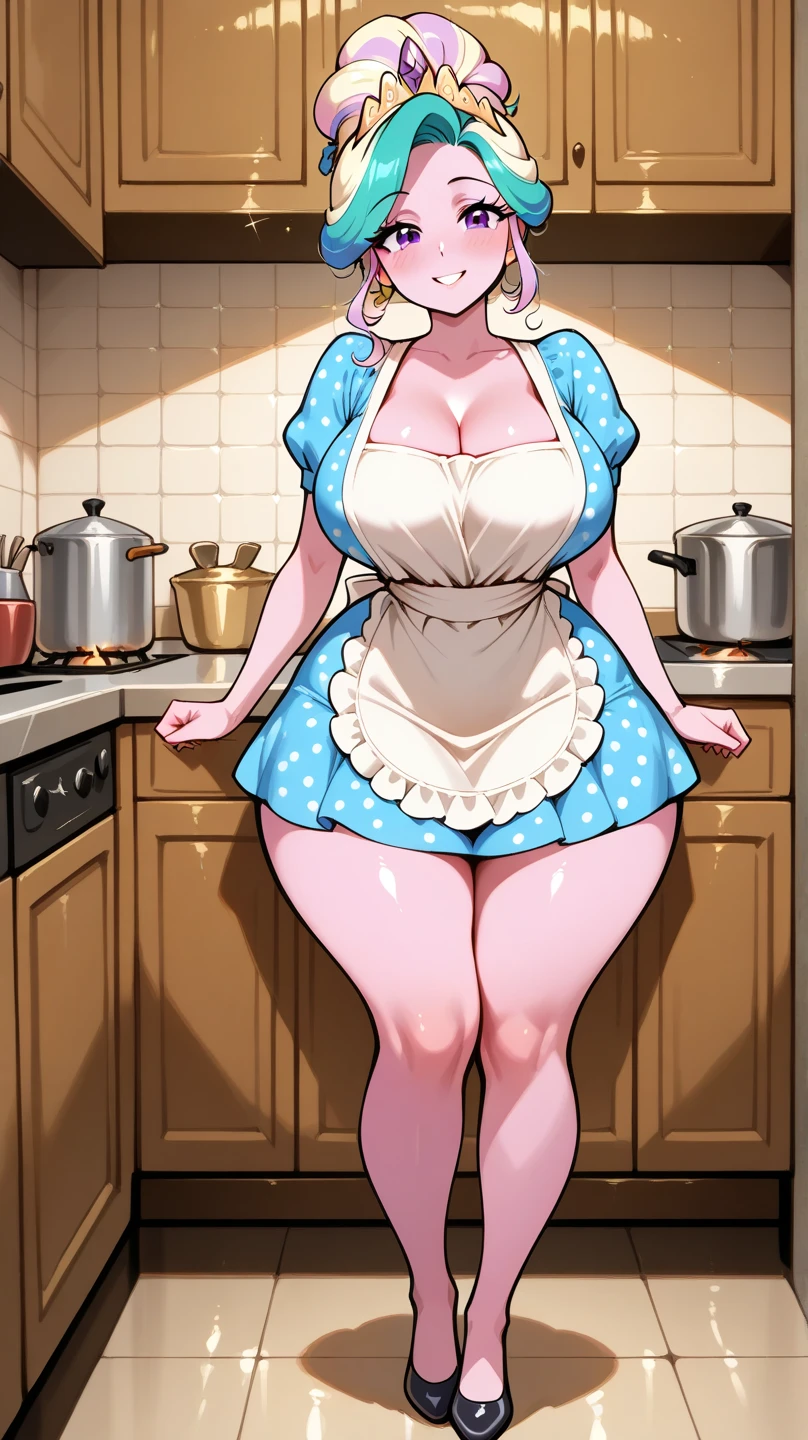 ((1 girls), solo, clevage, Big round breasts, trendy, stylish, clevage, thighs, hips, realistic, pink hair, blonde hair, light green eyes, lip gloss, detailed face, amazing big eyes, eye details, big lips, eyebrow details, blush, smirk, naughty, mischevious face, HD, good quality, kitchen, breakfast, apron,