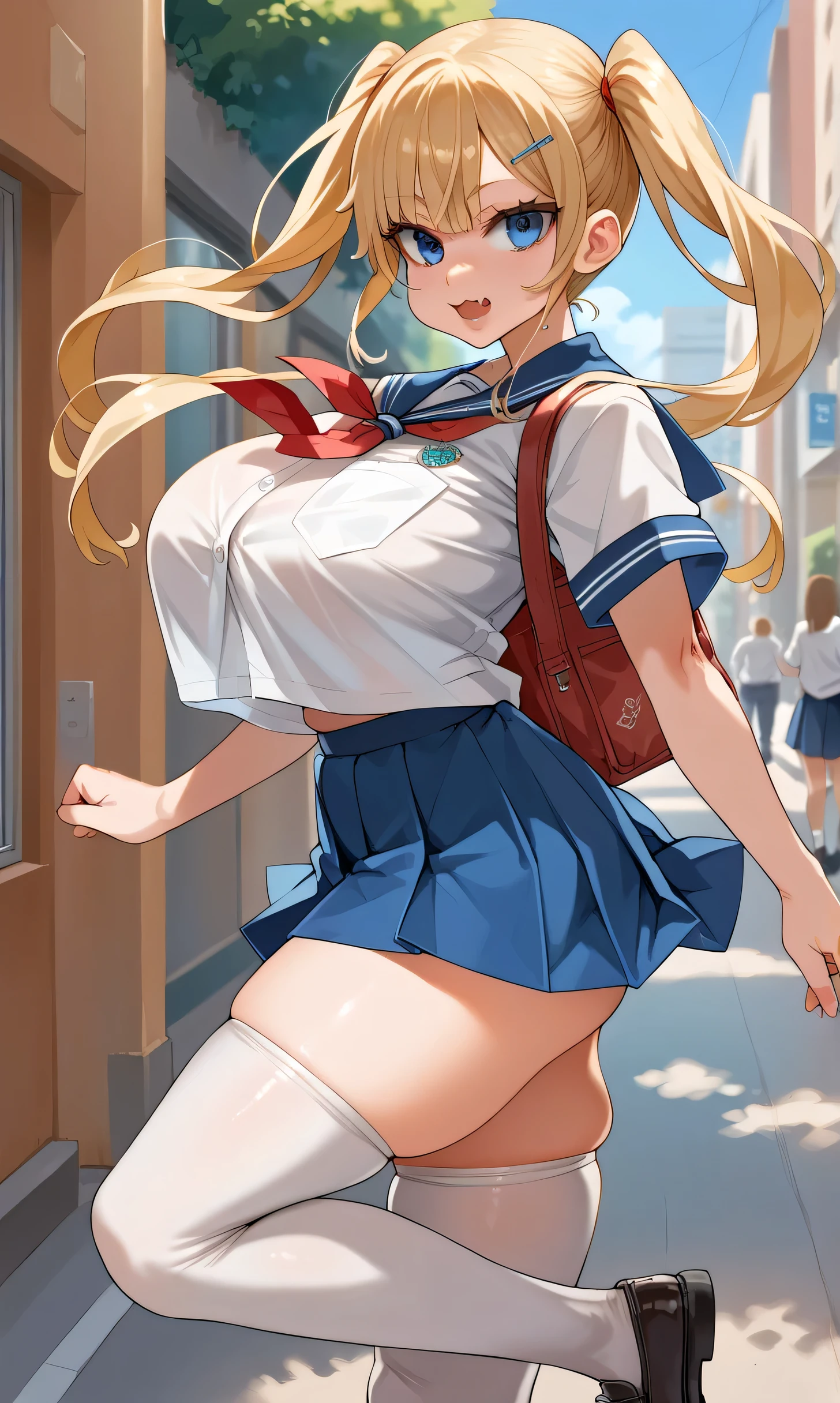 score_9,score_8_up,score_7_up,score_6_up,score_5_up,score_4_up,(source_anime),1girl,solo,long hair,breasts, street, running, blue eyes,skirt,blonde hair,shirt,thighhighs,twintails,very long hair,school uniform,thighs,pleated skirt,fang,huge breasts,white thighhighs,blue skirt,skindentation,thick thighs,tented shirt,colored eyelashes, side view