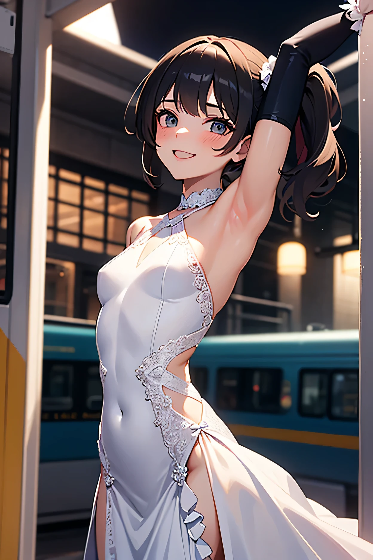 (masterpiece:1.8),(highest quality:1.8),(Very detailed:1.8),(8k:1.8),(Ultra-thin illustration:1.5),pretty girl,2 people,skinny,Small Ass,straight twin tails,Flat Chest,Small breasts,(Full lace bra)(Adult Lingerie,Lace panties),White corset,choker,White long gloves,White boots,(Pose with a smile),Applause from the audience,(Lingerie Fashion Week,Runway Walk),Spotlight。Photographer flash