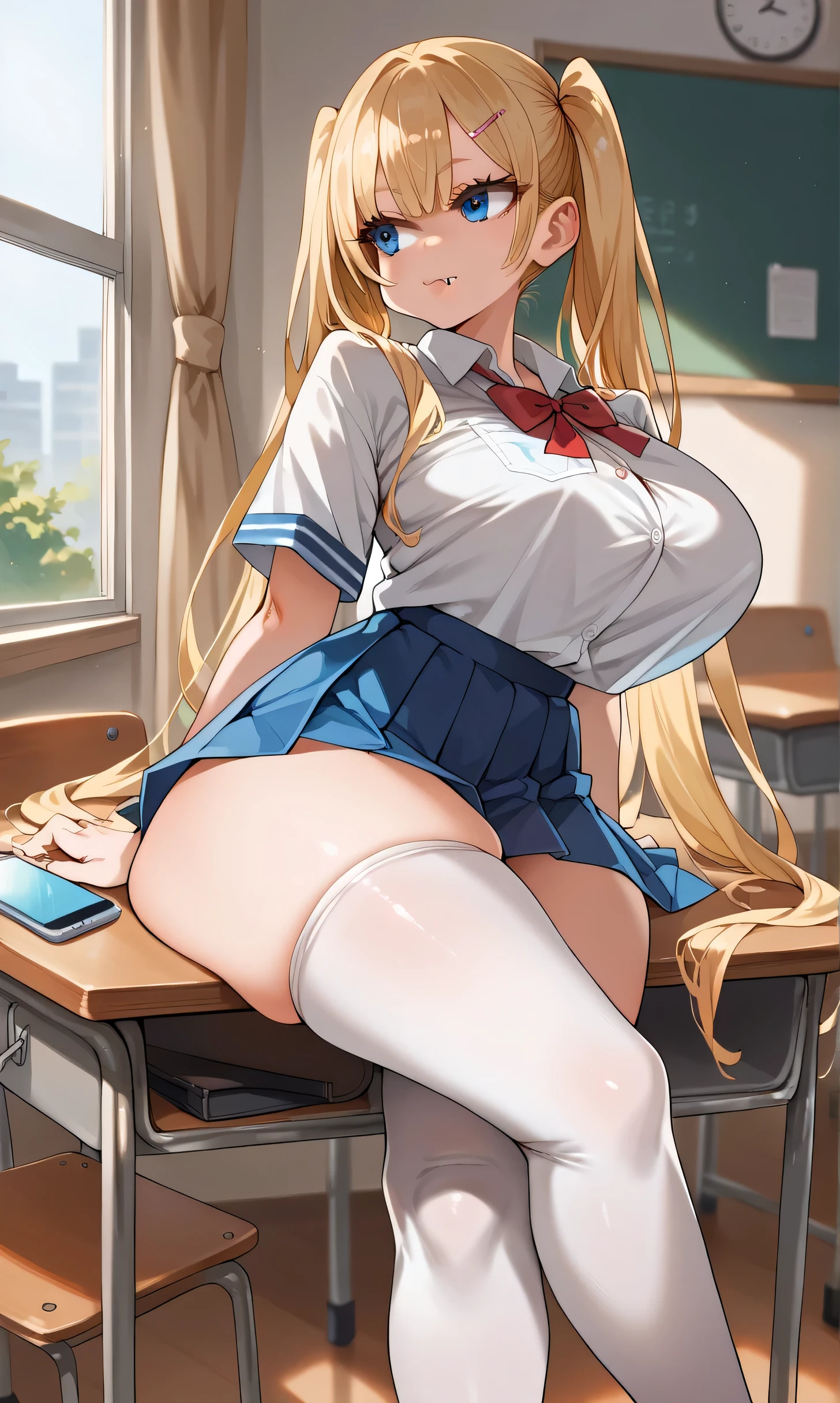 score_9,score_8_up,score_7_up,score_6_up,score_5_up,score_4_up,(source_anime),1girl,solo,long hair,breasts,looking her phone, blue eyes,skirt,blonde hair,shirt,thighhighs,twintails,very long hair,school uniform,thighs,pleated skirt,fang,huge breasts,white thighhighs,blue skirt,skindentation,thick thighs,tented shirt,colored eyelashes, sitting on her desk, crossed legs, side view, miniskirt