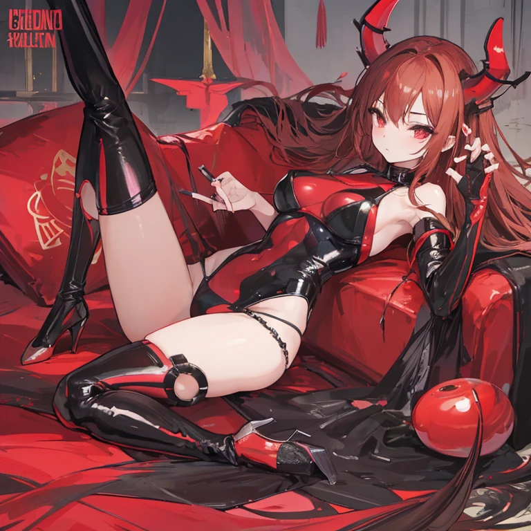 ((masterpiece)), ((best quality)), 1girl, long hair, big bust, ((red hair)), booty, ((back)), very long red hair, yellow eyes, red skirt, ((heart nipple shields)), wihout shirt, ((middle hair ponytail)), exposed skin, ((white lingerie)), ((sexy pose)), red clothes, ((sexy look)), without shirt, fishnet stockings, collar, ruby earrings, good anatomy, black gloves, boots, heels, evil, emotionless, intimidant, bloody, ((beautiful eyes)), dark background, close up, ((detailed eyes)), beautiful eyes, hair bang, frontal look