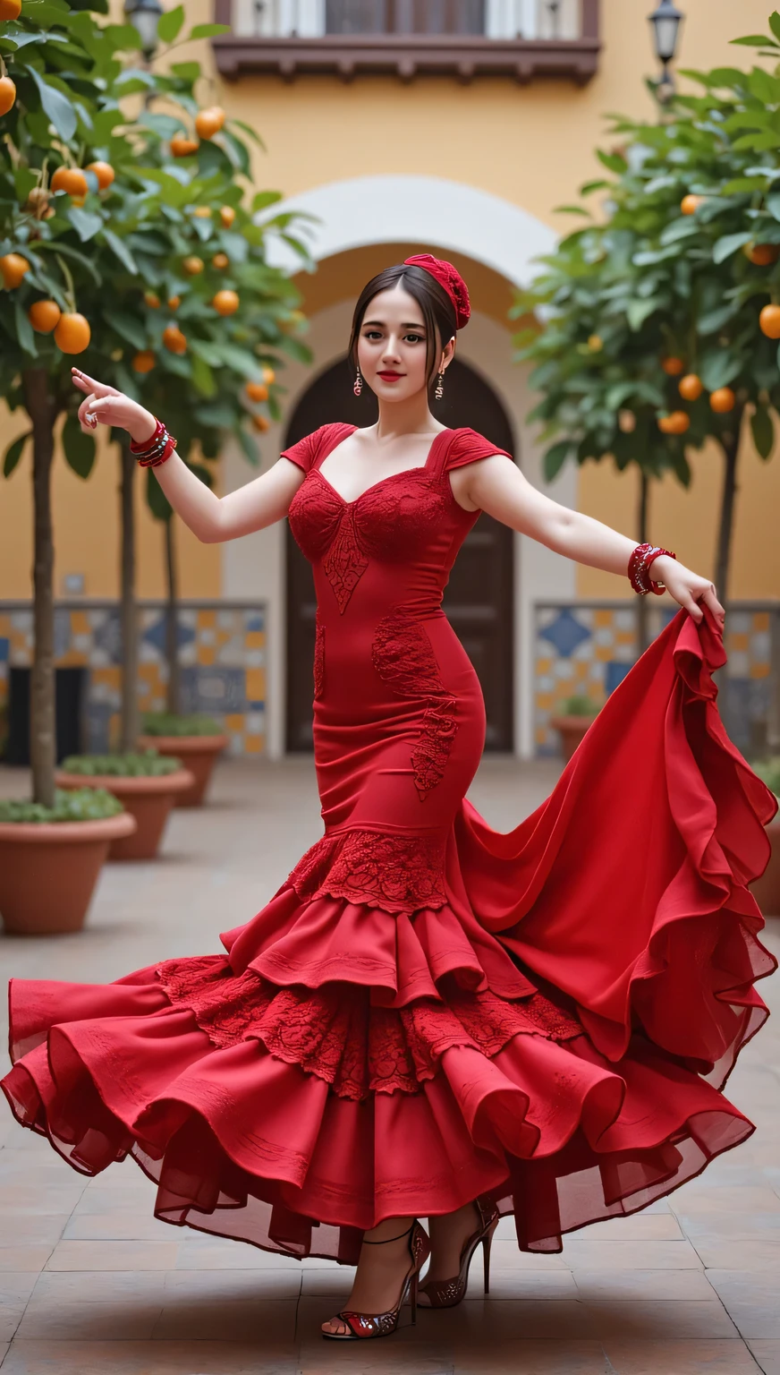 A captivating photograph of a female dancer, gracefully performing an exquisite and vibrant Flamenco dance. She dons a stunning red dress, adorned with intricate embroidery, and wears distinctive Castanet shoes with elaborate ankle straps. Her arms are elegantly extended, and her beautiful anatomically correct hands are in perfect form. Her passionate intensity is conveyed through her expressive face. The background showcases a charming Spanish courtyard, decorated with colorful tiles and lush orange trees. The subtle motion blur highlights her dynamic movement, while the warm, inviting color tones capture the cultural authenticity and passion inherent in Flamenco dancing. This image truly embodies the essence of the art form, leaving the viewer immersed in the dance's beauty and intensity.