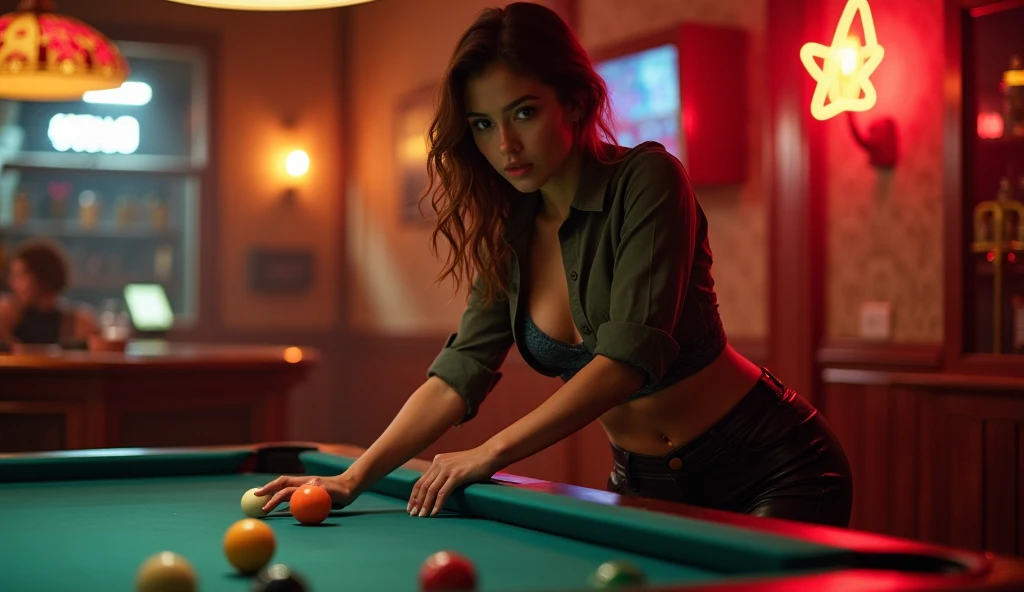 realistic photo of a (pretty girl, 20 years old, brunette, black eyes) at retro biker bar playing pool with biker friends , (full lips) , ((perfect face)), [[mild smile]], proportionate body,mixed white-latina herritage, beautyfull, beautyfull face, [nubyan nose], [tanned skin], two arms, two legs, five fingers by hand, full body, (softly curly black long hair), girl in vintage biker clothes, cue at hand, pool table and balls, old jukebox at background, rounded top jukebox