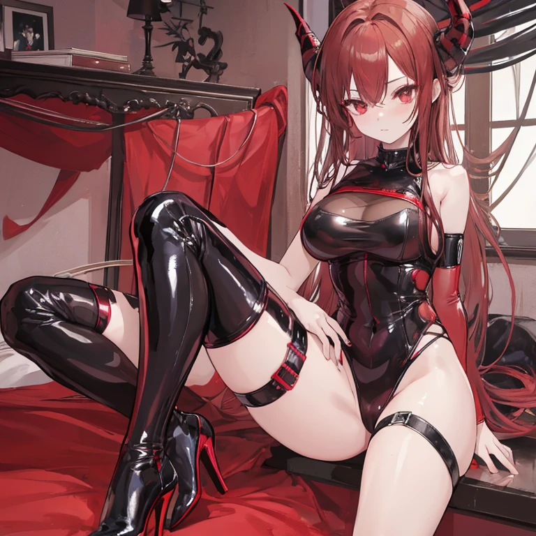 (16k、Raw photo、highest quality、High resolution、)、((biomechanics ,Red leather bondage , seductive anime girl,asuka langley,brown hair))、(detailed face:1.3)、(masterpiece:1.4)、(highest quality:1.4)、 きめ細かいbeautiful skin、(cute:1.3),(intricate fishnet stockings)、stiletto heels、Leather luster 3.0、((thin eyebrows、long eyelashes、smile、double eyelid、))、beautiful skin、(dark red bondage)、real photo stick、Red BDSM Figure、dark red bodycon、