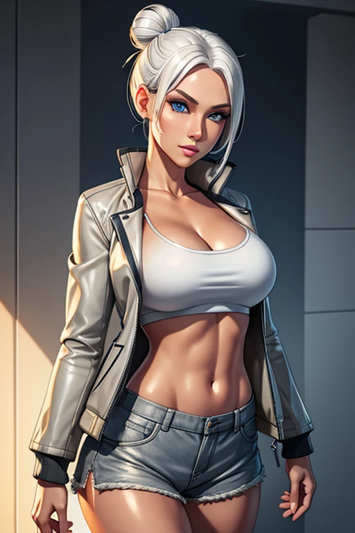 Drawing of cammy_white , cammy sf6,1girl ,solo , bang , scar on cheek ,blonde hair , blue eyes, short hair, sports bra, jacket , yoga pant, looking at viewer, upper body ,blush , smile , happy , red lipstick, ink, outline, comics lineart, black and white Manga, veins, beautiful face, full lips, slim face, high cheekbones, muscular, blank background