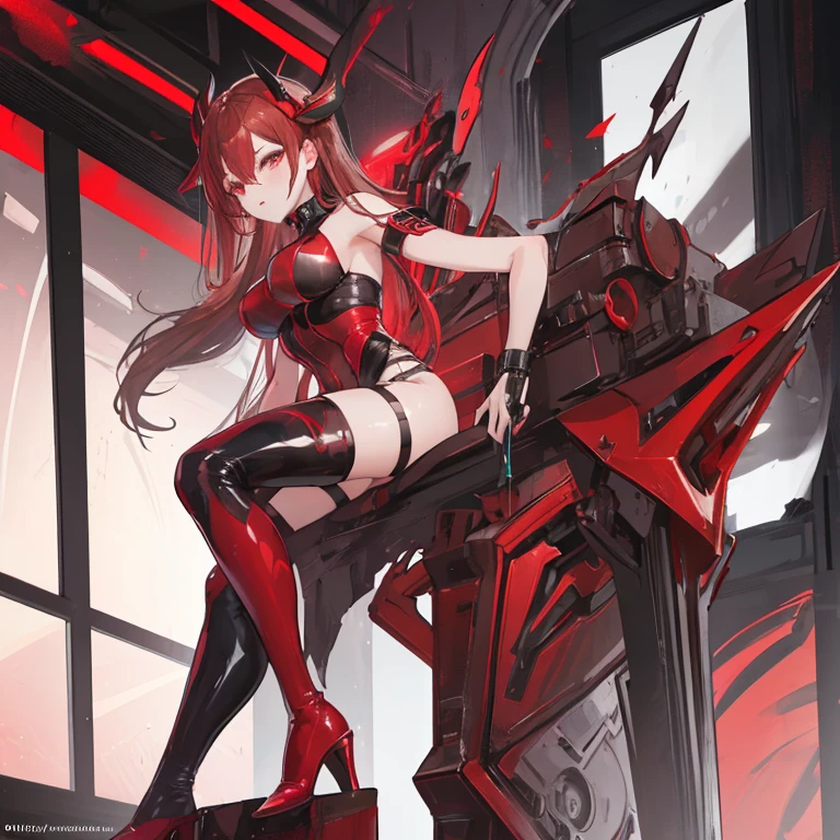 (best quality,photorealistic:1.37), cyberpunk style girl, modern city, night, large breasts, beautiful slim body, dressed in a low-cut dress, long red hair, metallic armor, striking a sexy pose, beautiful hands, vibrant neon lights, futuristic architecture.