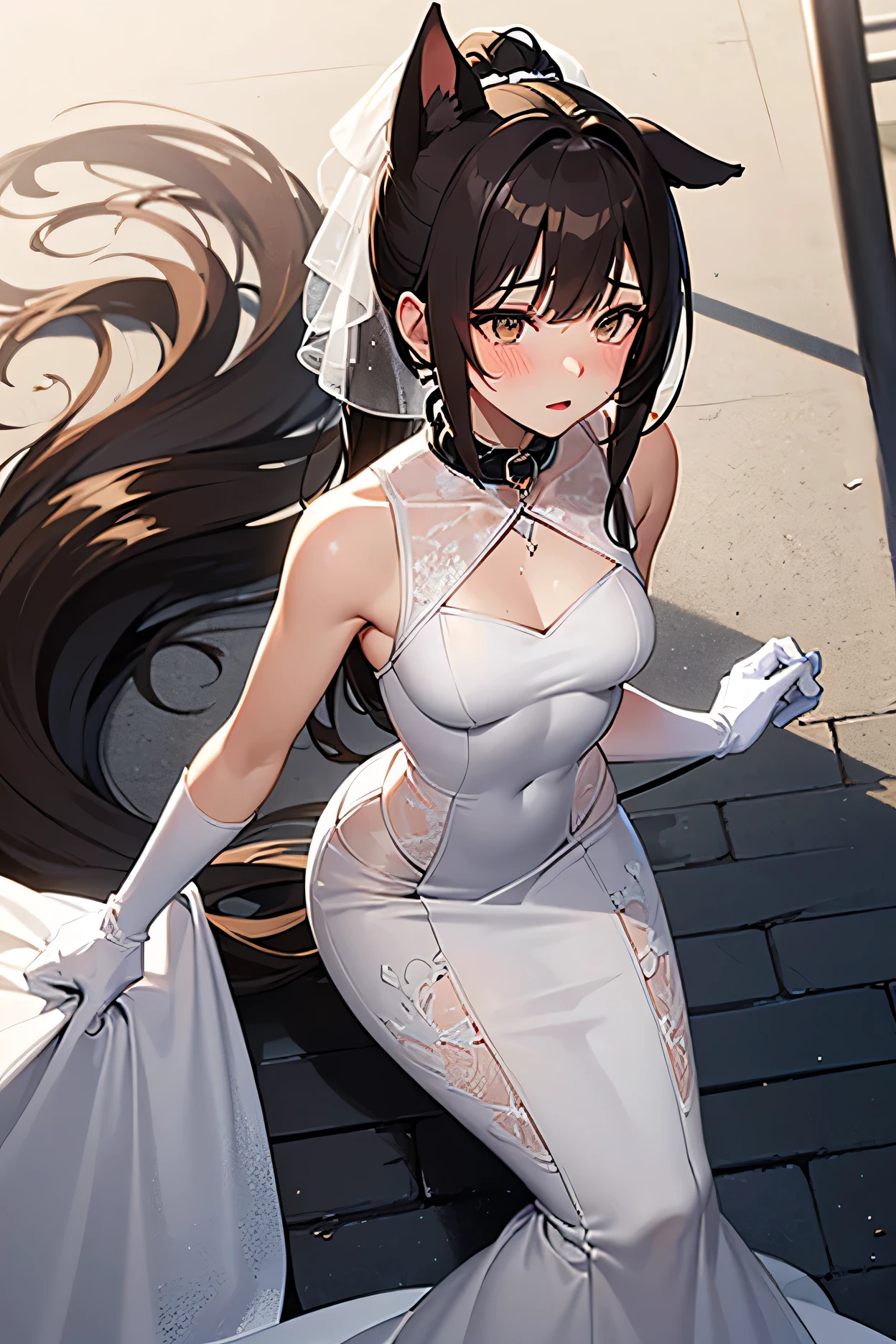 1(.(((Shiny long black hair))), One Girl:1.3), alone, (((Very detailed face)))), ((非常にdetailedな目と顔)))), calm and kind eyes,、Church Sisters,beautiful生脚、beautiful乳、big , Official Art, 非常にdetailed, beautiful, masterpiece, 最high quality, White one piece dress、original, masterpiece, Ultra HD Photos, 最high quality, Ultra-high resolution,, Full body portrait, Great beauty, Dynamic pose, Delicate face,, (from the front), ,(((White Veil))), , Gold cross around neck, 非常にdetailedな都市の屋根の背景, rooftop, Overlooking the city, detailed face, detailed, Complex and busy background, , 非常にdetailedな肌, Realistic skin detail, , Clear focus, Volumetric Fog, 8K Ultra HD, Digital SLR, high quality, Film Grain, Fair skin, Realistic, Lomography, beautiful胸の谷間, ,Shapely large breasts , Beautiful breasts, smile, Pink Rouge, Blue Eyes,,(((breast enhancement))),(((Lace pattern knee stockings))).Long, slender limbs.