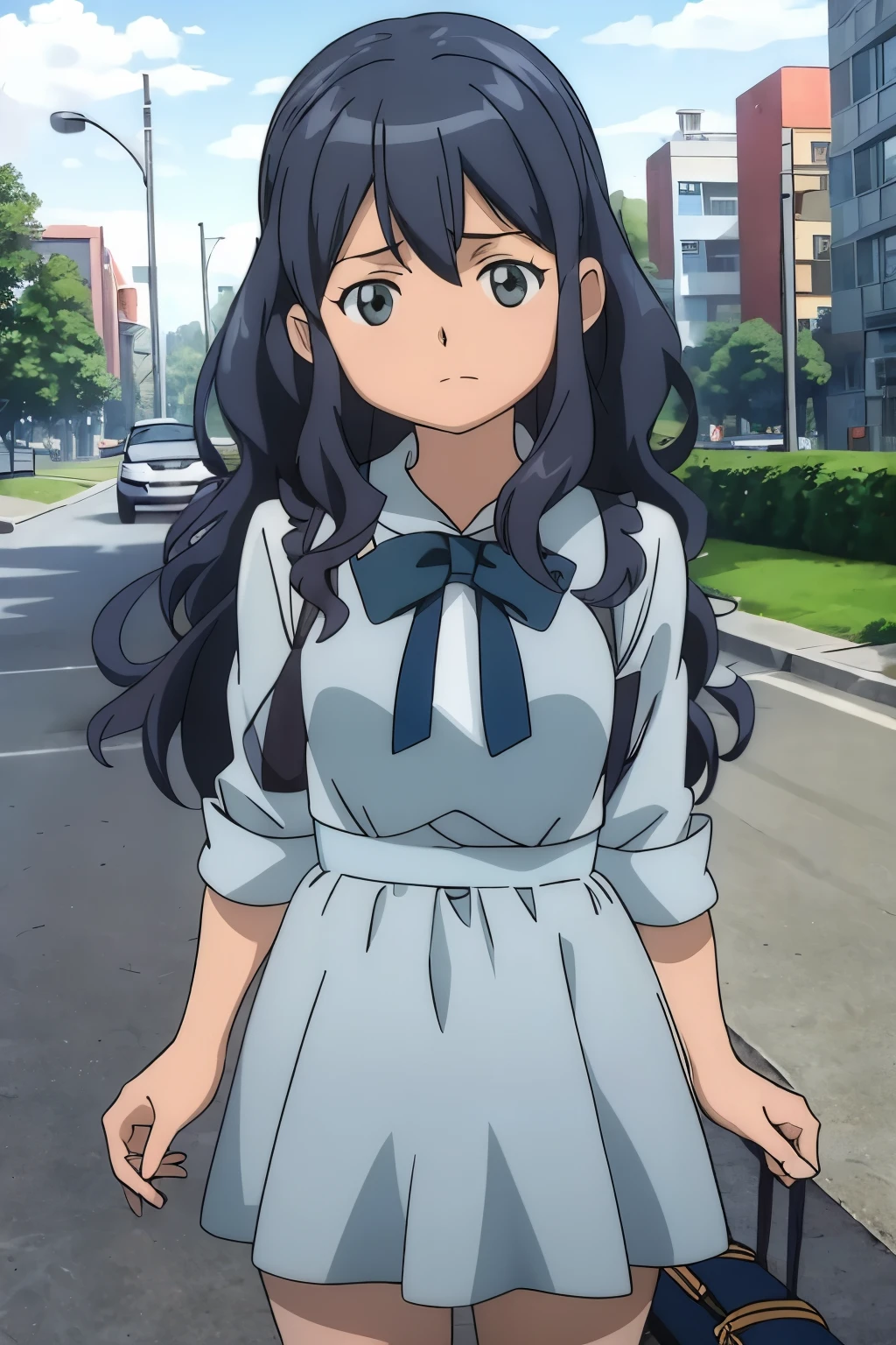 a girl with blue long hair, wavy hair, gray eyes, and a blue dress, magic girl, adult.  Haruna Otonashi
